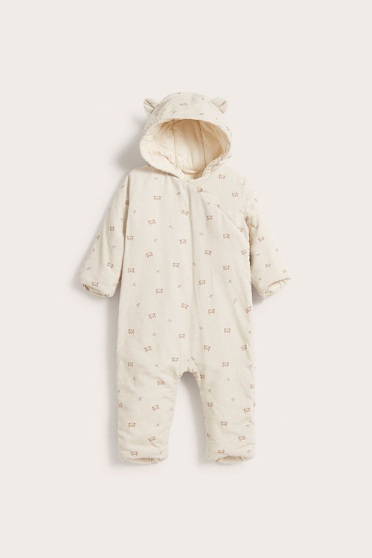 Baby beige teddy bear patterned coverall