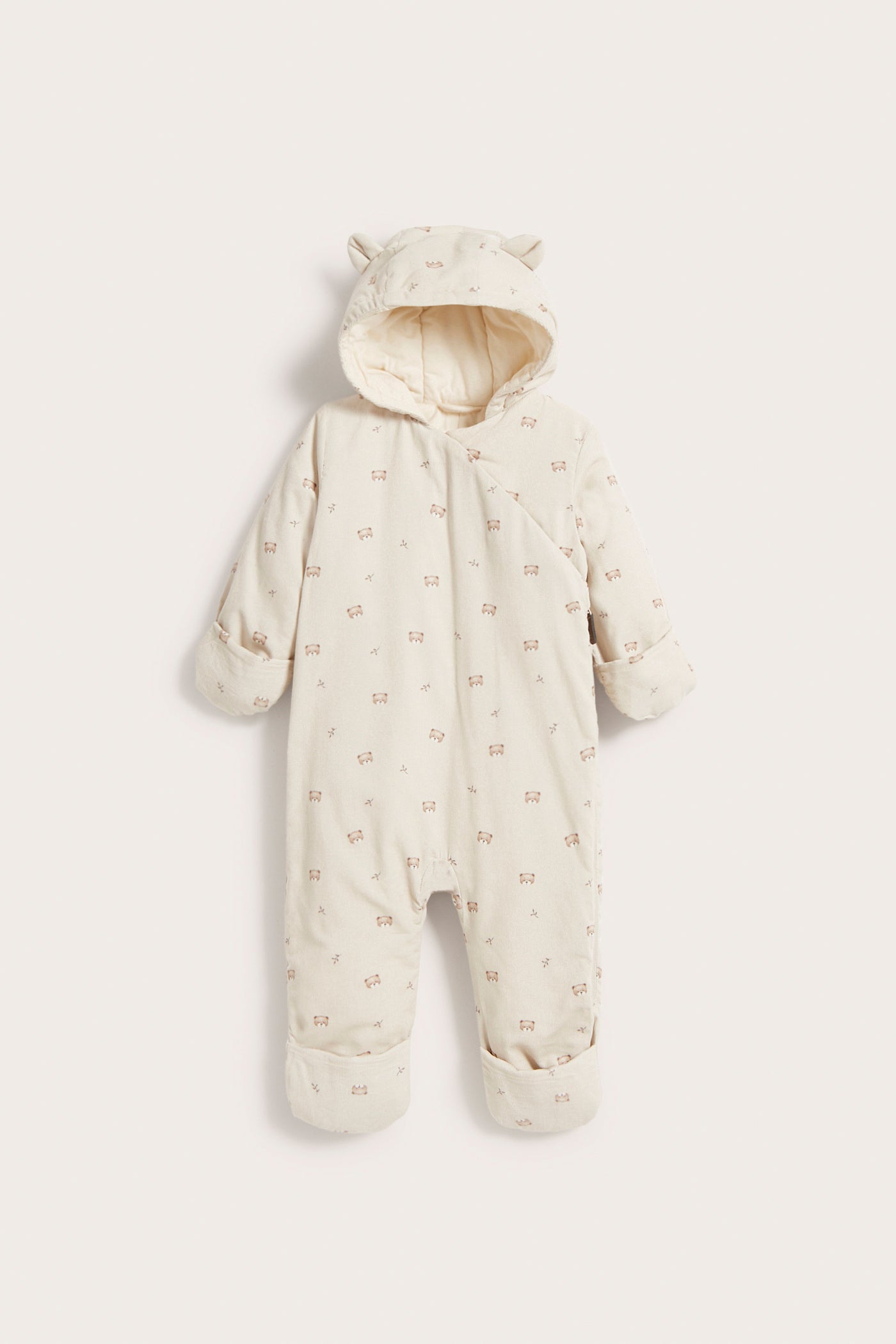 Baby beige teddy bear patterned coverall