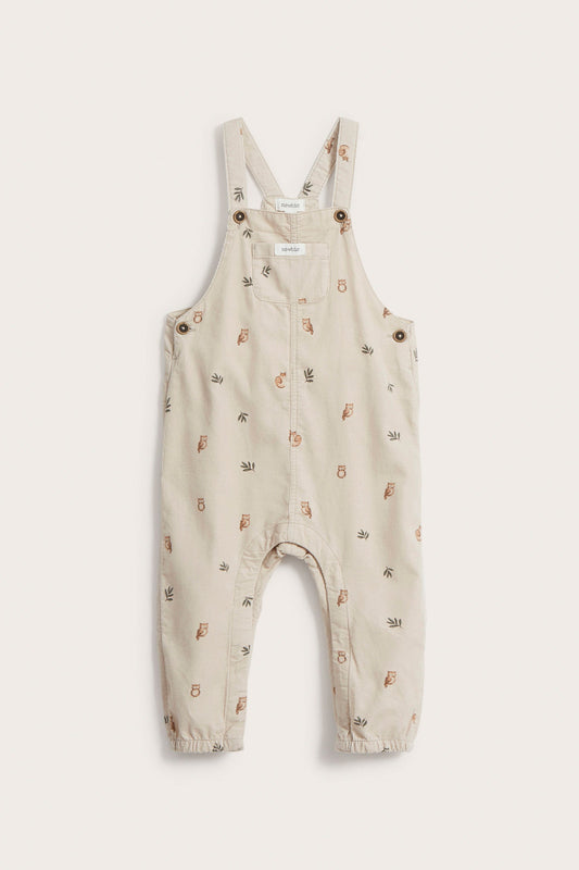 Baby beige owl patterned corduroy overalls